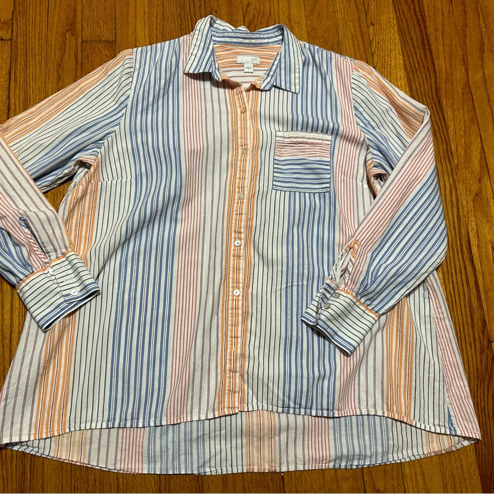 J. Jill Striped Button-Down Shirt in Blue, Pink, Peach, and White